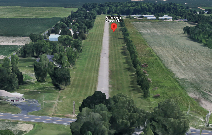A Google Maps screenshot showing the view of Chandelle Estates's runway on final approach.